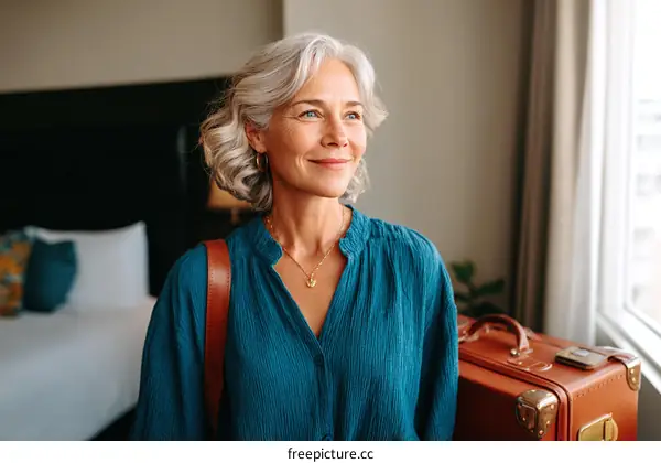 Woman with Luggage in Hotel Room