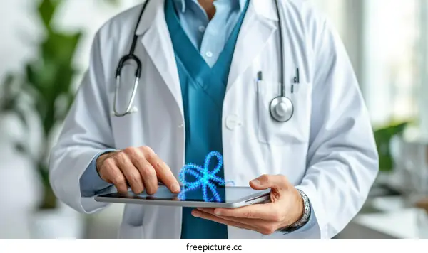 Doctor using tablet displaying medical illustration