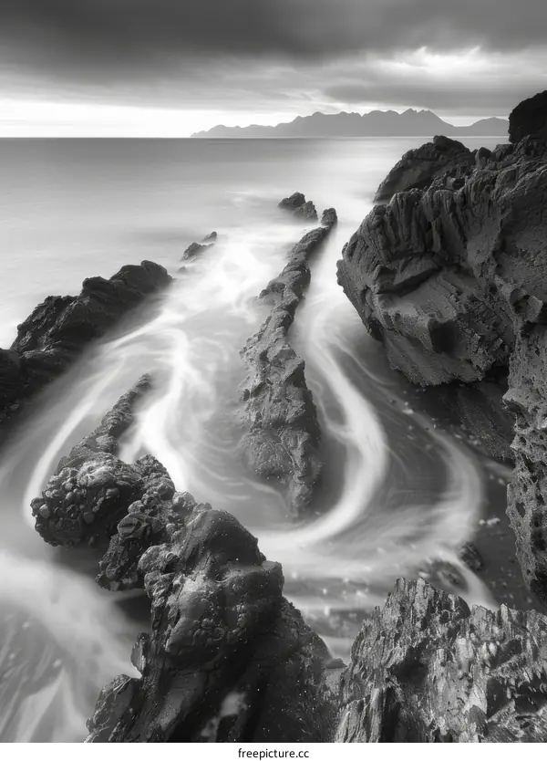 Black and white photo of a rocky coast with waves crashing over it