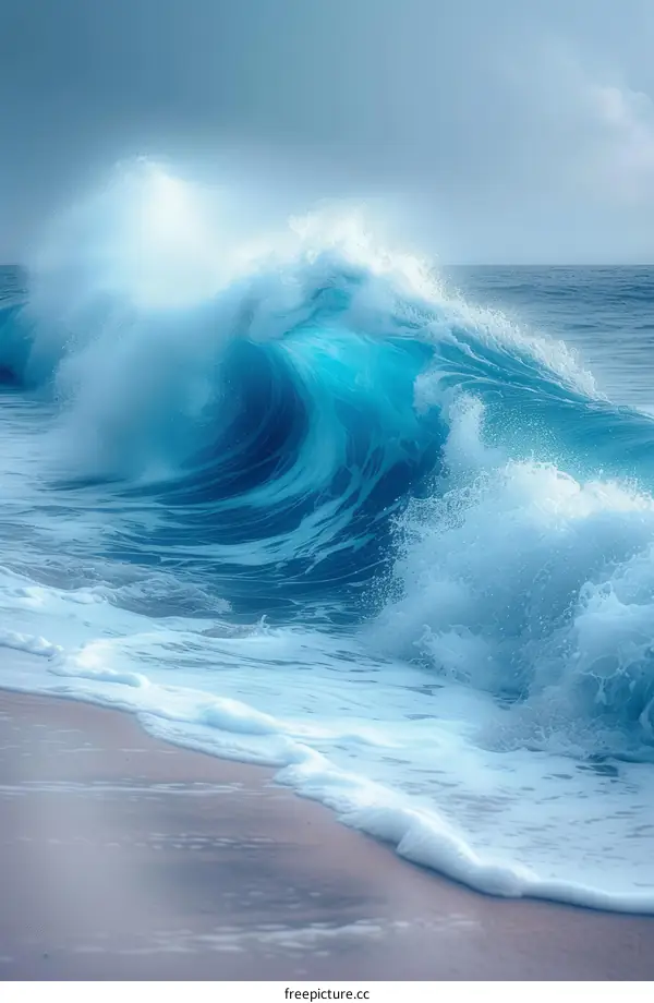 Blue Ocean Wave Crashing on Sandy Beach