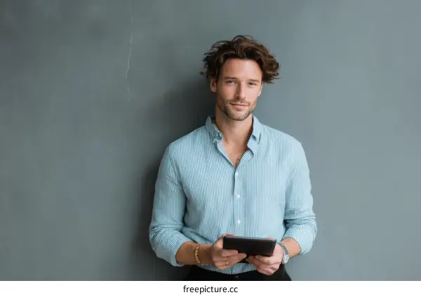 Confident Caucasian Man Holding Tablet
