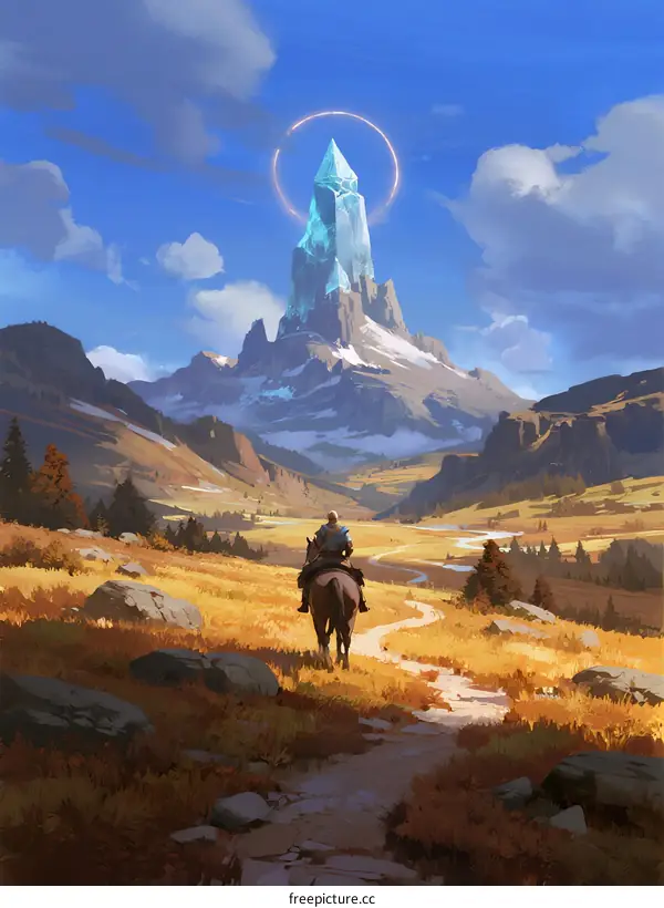A Lone Traveler Approaching a Glowing Crystal Mountain Under Blue Sky