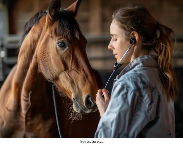 A veterinarian examines a horse's heartbeat with a stethoscope