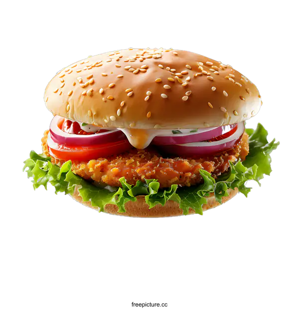 [Transparent Background PNG]Crispy chicken burger with fresh vegetables
