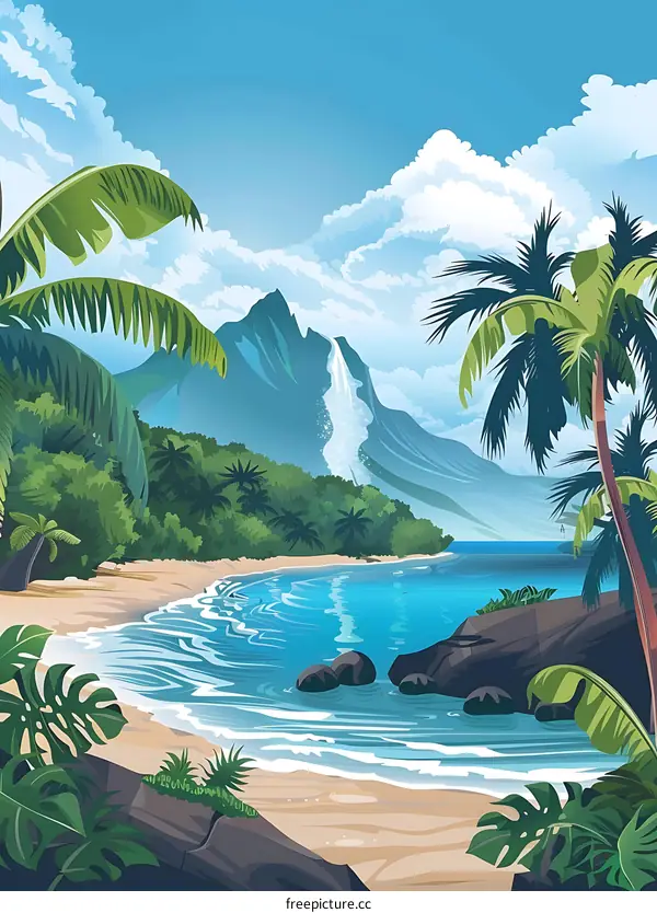 Tropical Beach Scene with Waterfall and Lush Vegetation