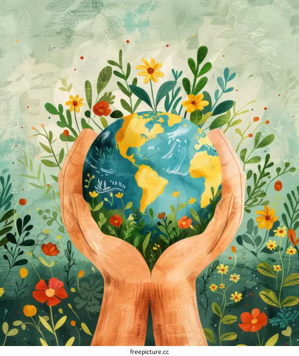 Hands cradling the Earth with flowers and plants growing from it