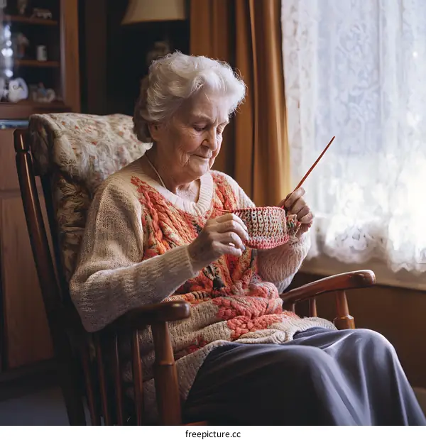 Elderly Woman Knitting in a Rocking Chair by the Window