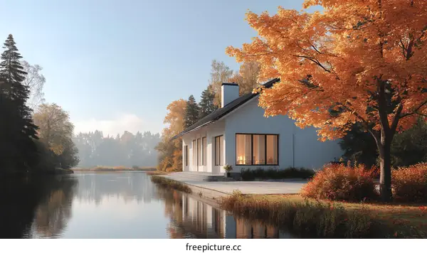 Autumn Lakeside House Illustration