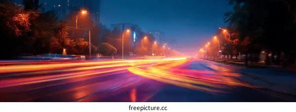 Night City Street Scene with Colorful Light Trails