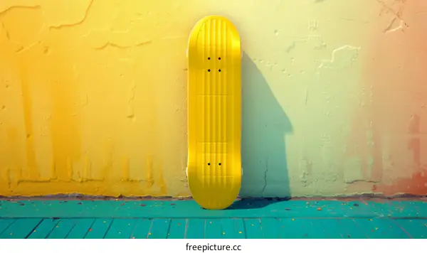 A yellow skateboard stands against a yellow and green wall with a blue floor