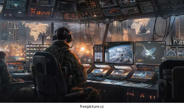 Military Personnel Monitoring War Zone Action from Control Room