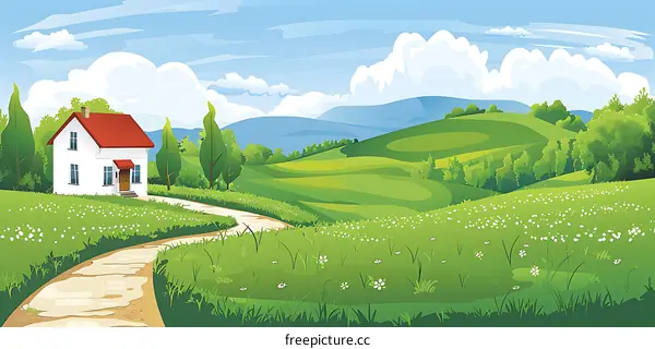 White House with Red Roof on a Green Meadow