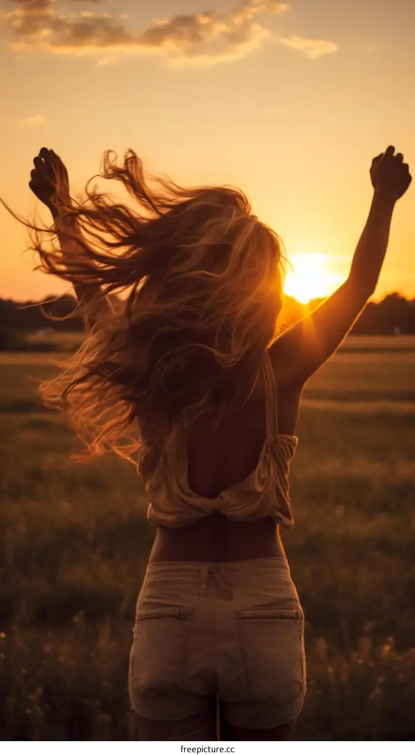 girl jumping in the field at sunset