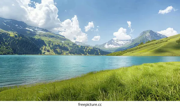 Mountains and lake landscape with green grass in the foreground