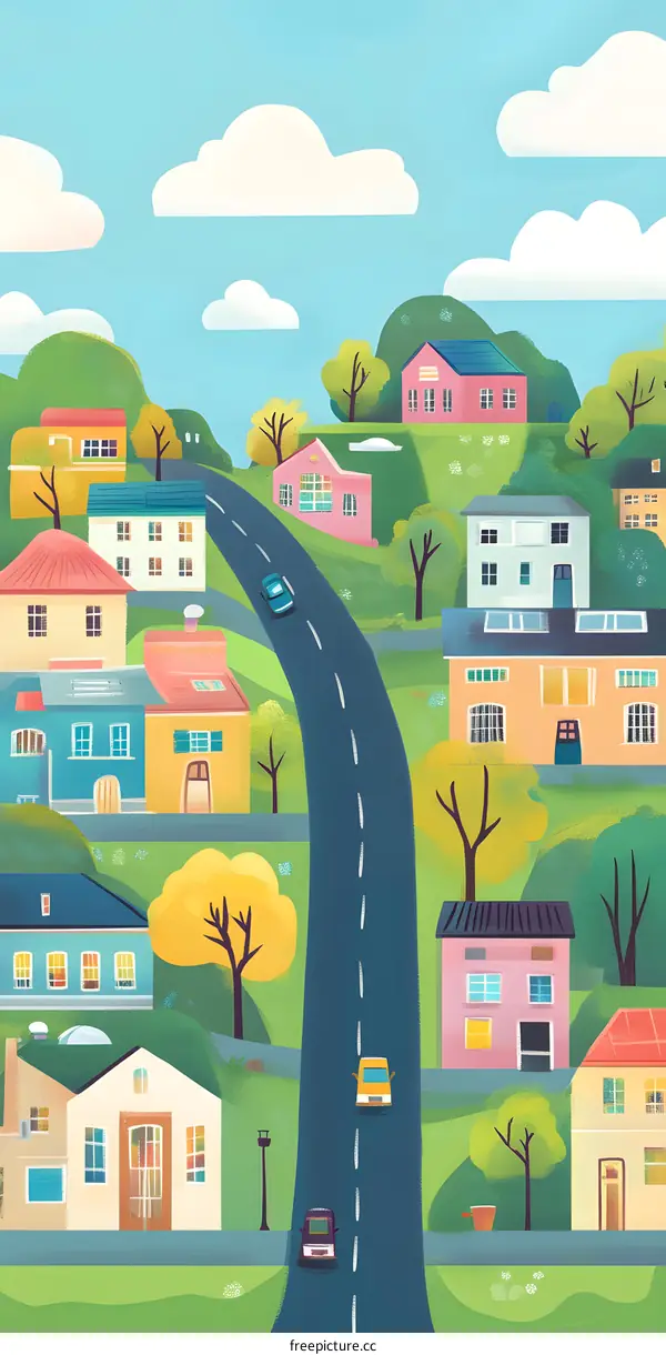 Colorful Houses and Winding Road with Blue Sky and White Clouds