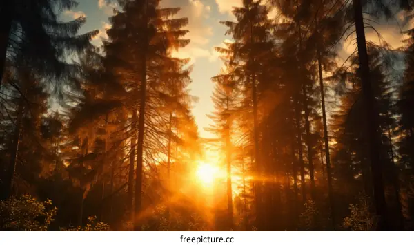 The sun shines through the tall trees in the forest