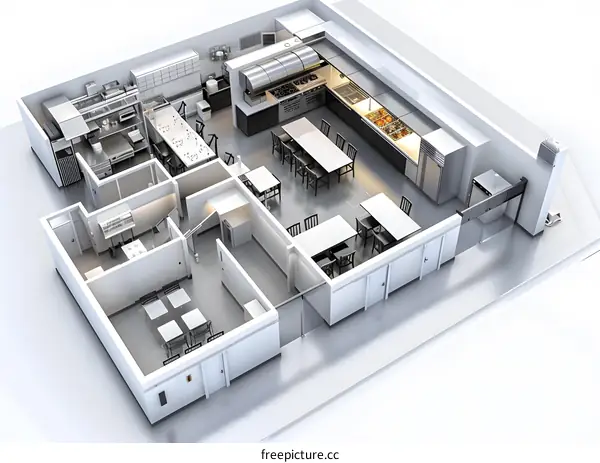 Top View 3D Illustration of a Modern Restaurant Kitchen