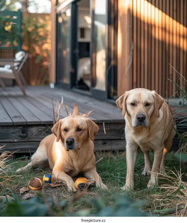 Two Happy Labrador Retrievers Playing on the Grassy Lawn in Front of a House
