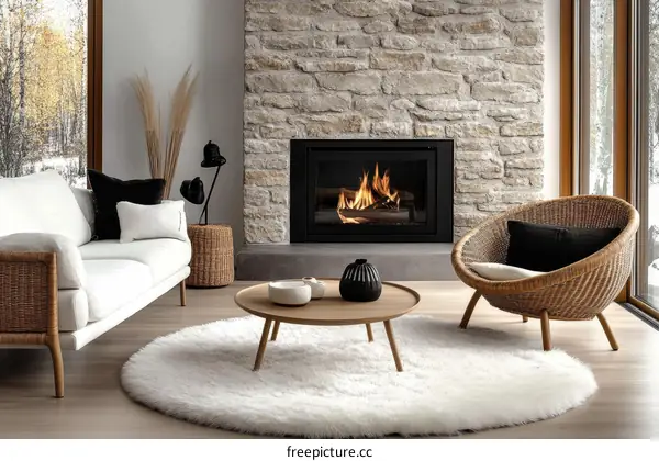 Modern Living Room with Cozy Fireplace and Wicker Chair
