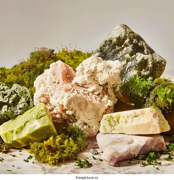Closeup of Different Color and Texture Rocks with Moss