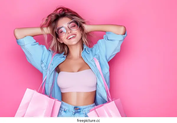 Stylish Woman Holding Shopping Bags Against Pink Background