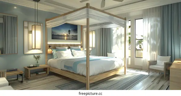 Hotel Room Interior with Bed, Table, Carpet, Window, and Door