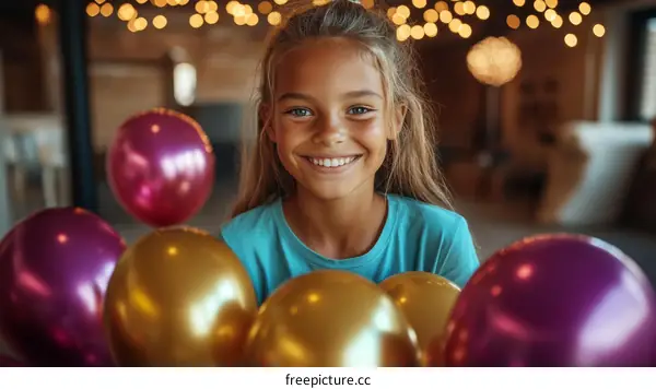 Cheerful Girl with Balloons in a Festive Setting