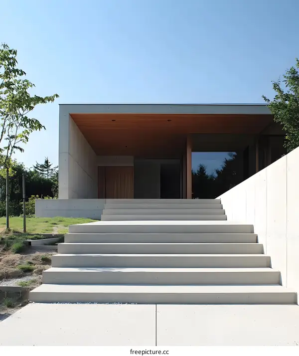 Modern Concrete House with Wooden Accents and Steps