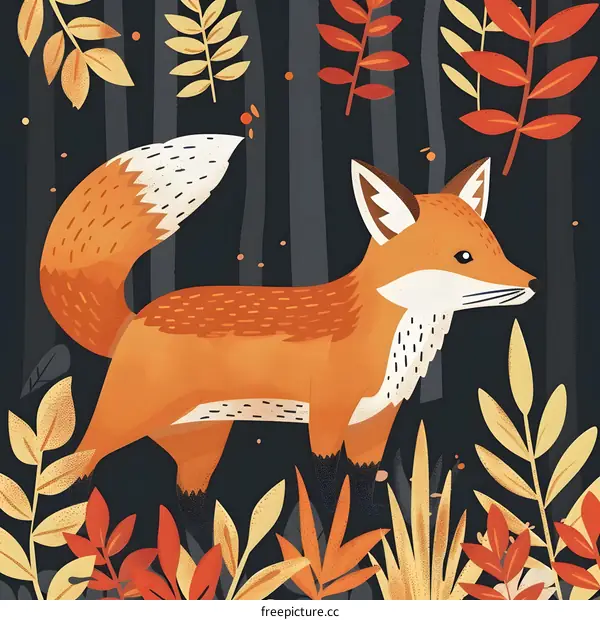 Cute Orange Fox in Autumn Forest Illustration