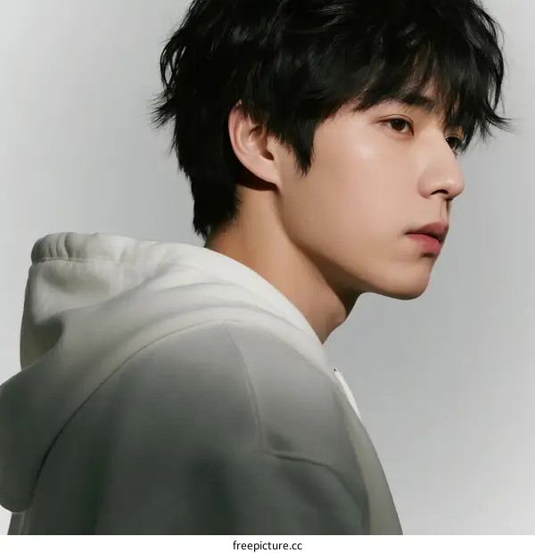 A young man with short black hair wearing a white hoodie