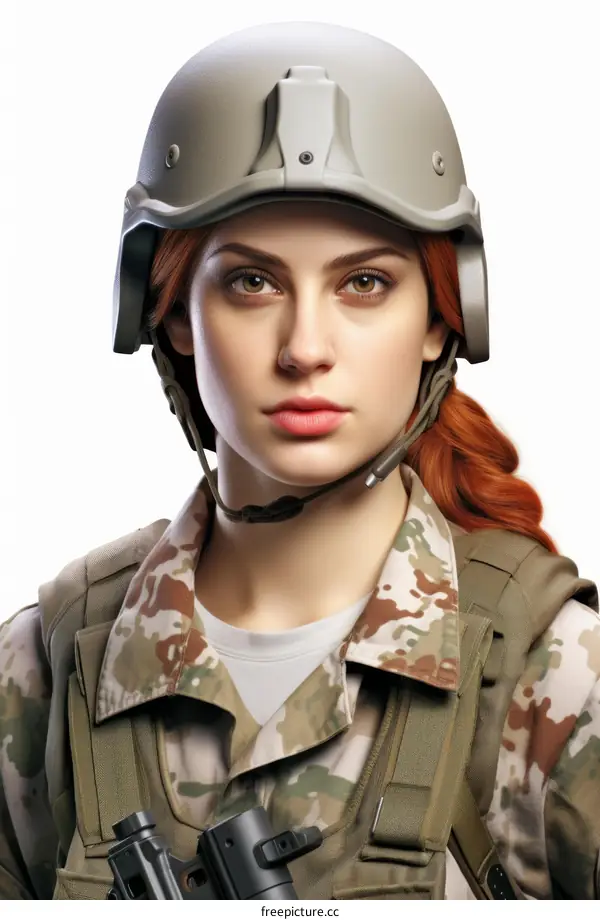 Portrait of a female soldier wearing a combat helmet