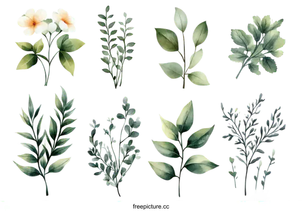 [Transparent Background PNG]Watercolor Botanical Design Set of Branches and Leaves