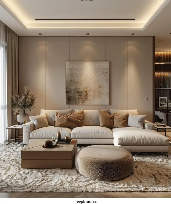 Bright modern living room interior with comfortable sofa and stylish decor