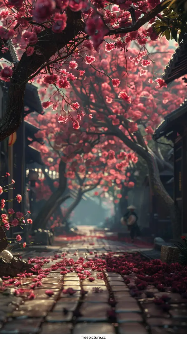 Street in Japan with cherry blossoms
