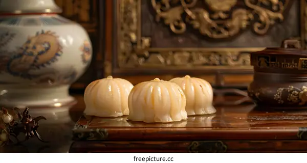 Close up shot of three traditional Chinese Desserts on a wooden table