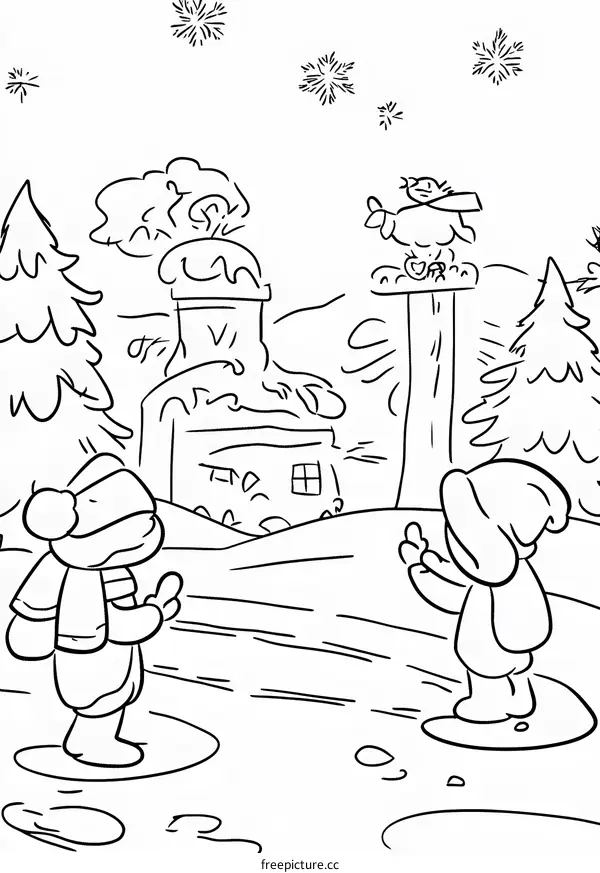 Winter Scene With Two People And A Bird