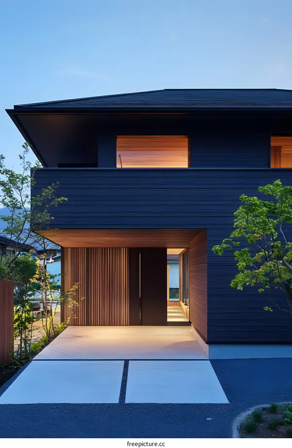 Modern Japanese House with Wooden Paneling and Gravel Driveway