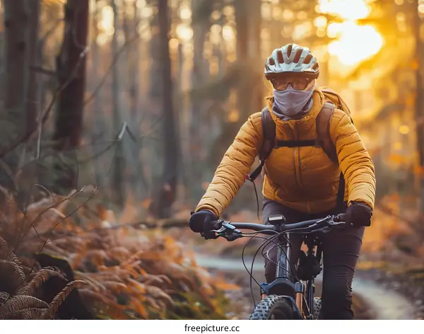 Cyclist rides through forest on mountain bike