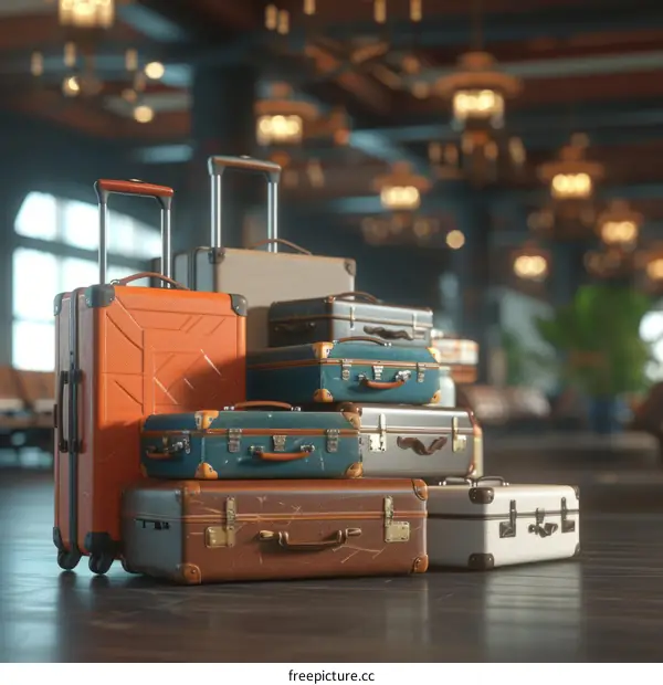 A stack of vintage suitcases in a retro train station
