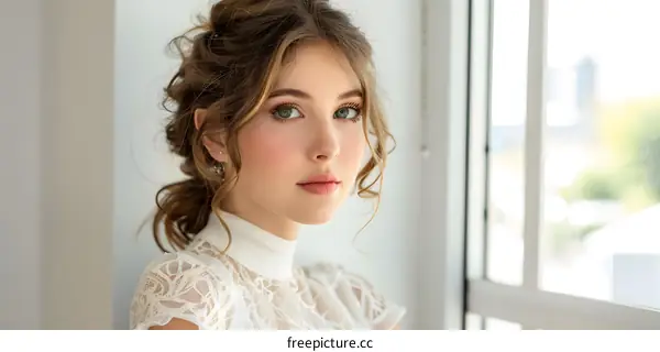 Young woman with beautiful blue eyes and hair styled