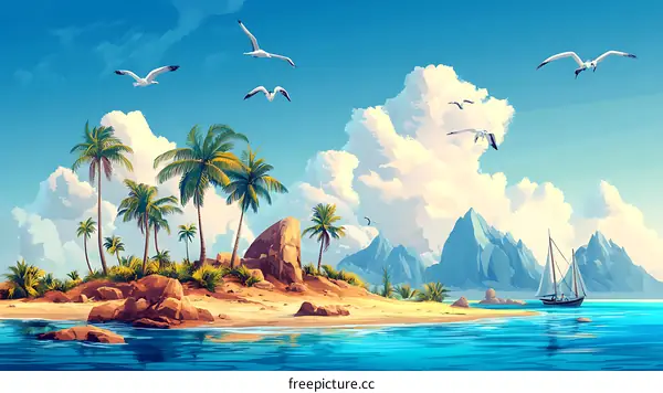 Tropical Island with Palm Trees and Sailboat under Blue Sky