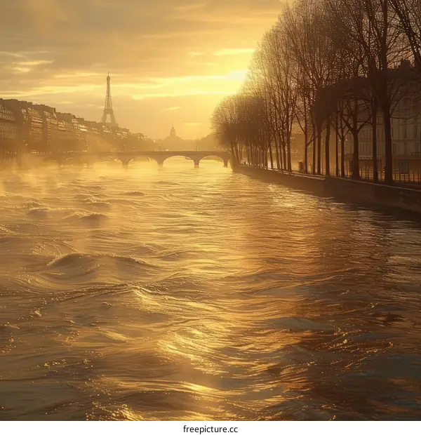 Paris cityscape with Seine river and Eiffel Tower in the background