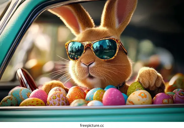 Cool Easter Bunny Driving a Car with Eggs
