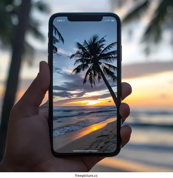 Hand Holding a Phone with a Tropical Sunset Photo