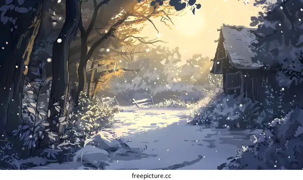Winter Landscape with Cabin and Snowfall