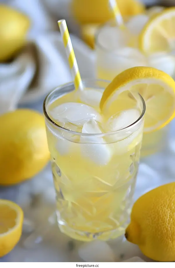 Glass of Lemonade with Lemon Slices and Ice
