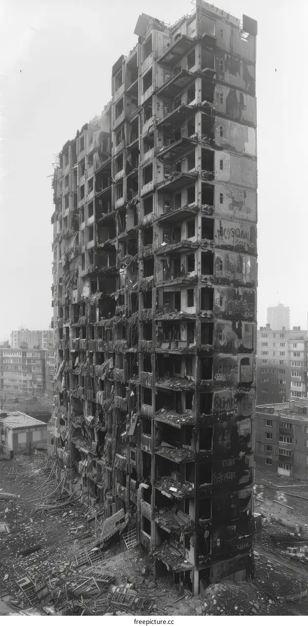 Black and white photo of a destroyed residential building