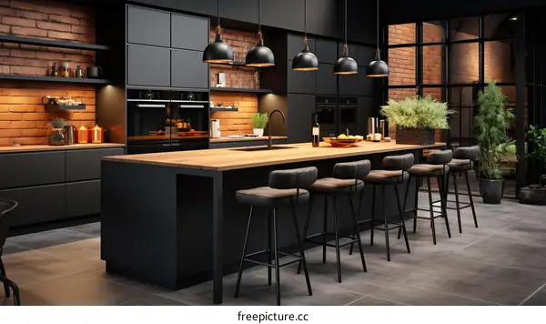 Black kitchen island with wood top and black leather chairs