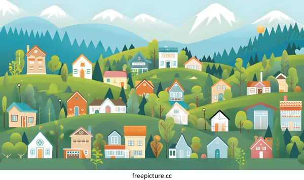 Colorful Houses On A Green Hill With Mountains In The Background