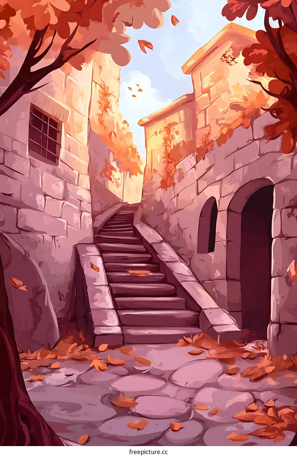 Autumn Pathway with Stone Steps and Brick Buildings